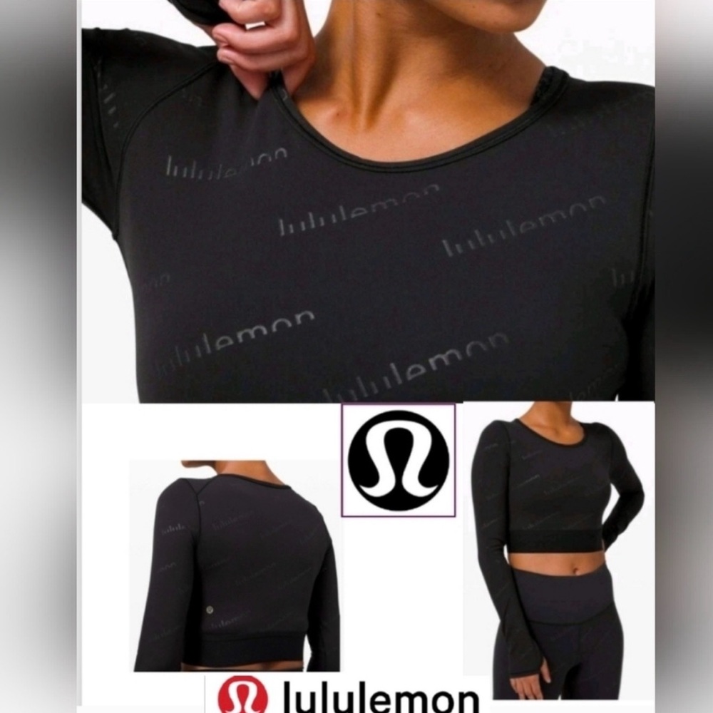 lululemon ✨ SPECIAL EDITION LOGO athletica Black Cropped Long Sleeve Top sz sm